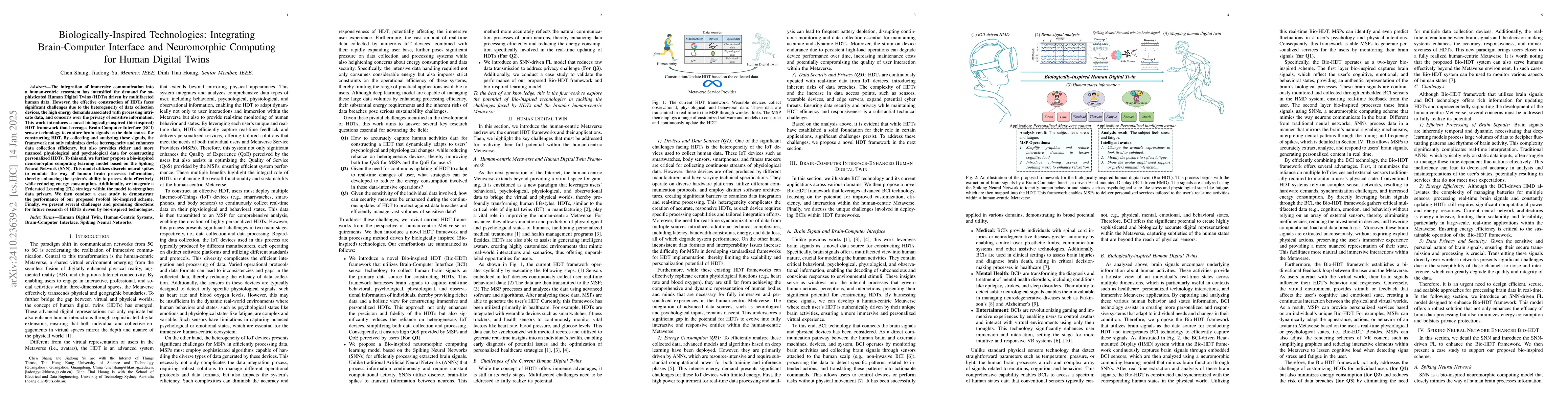 Thumbnail for Biologically-Inspired Technologies: Integrating Brain-Computer Interface
  and Neuromorphic Computing for Human Digital Twins