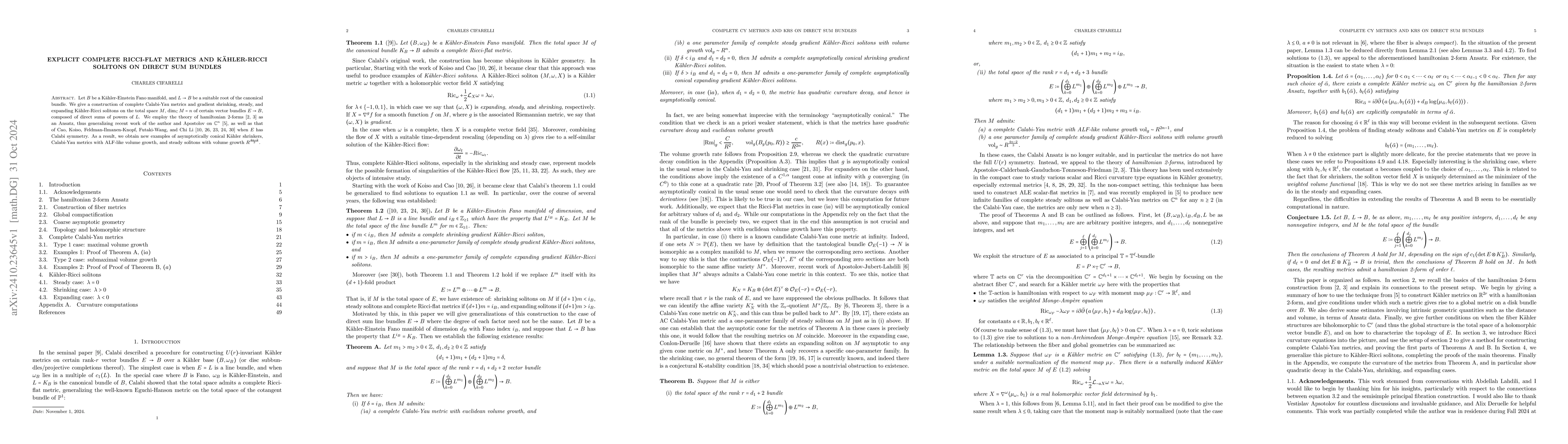 Thumbnail for Explicit complete Ricci-flat metrics and Kähler-Ricci solitons on
  direct sum bundles