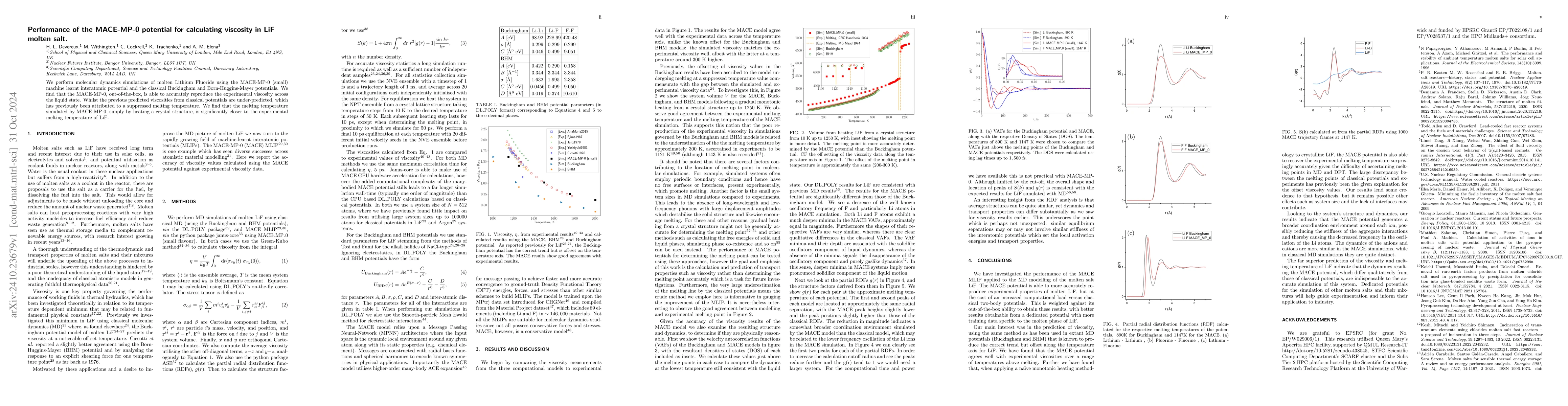 Thumbnail for Performance of the MACE-MP-0 potential for calculating viscosity in LiF
  molten salt