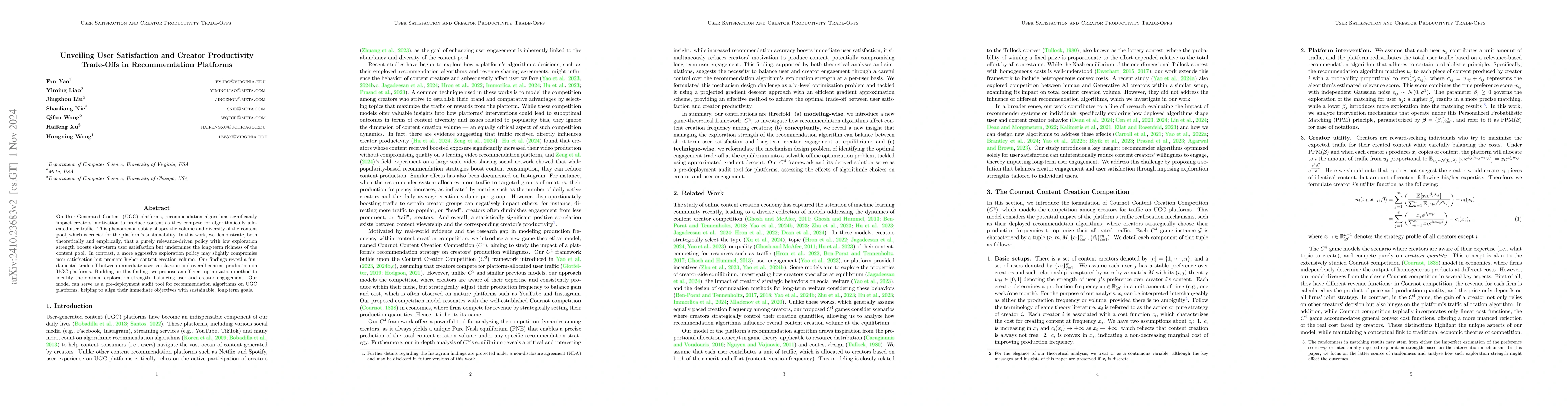 Thumbnail for Unveiling User Satisfaction and Creator Productivity Trade-Offs in
  Recommendation Platforms