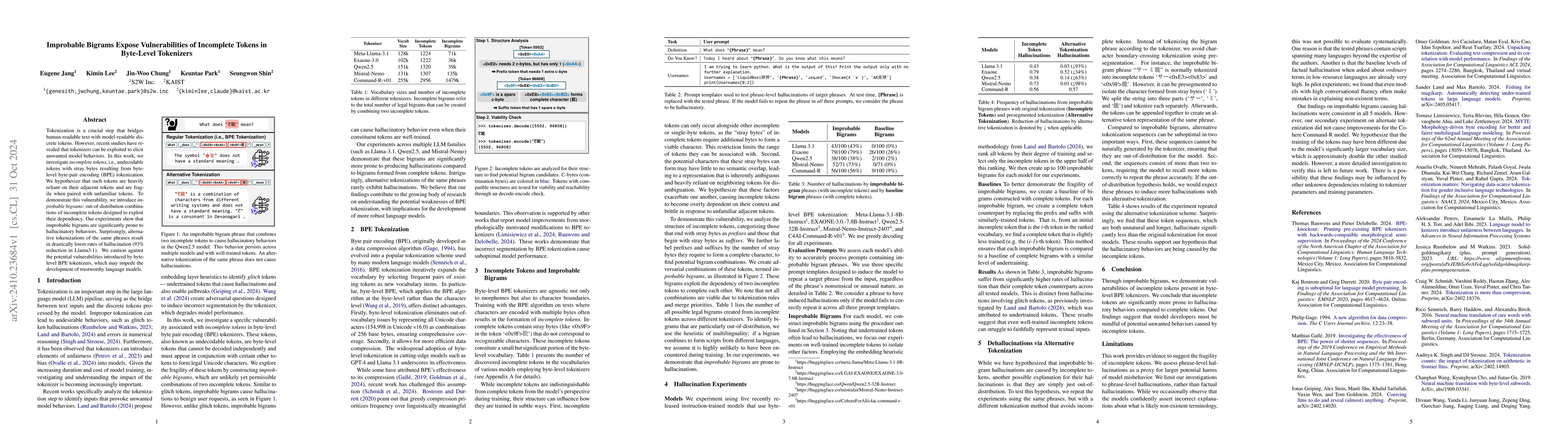 Thumbnail for Improbable Bigrams Expose Vulnerabilities of Incomplete Tokens in
  Byte-Level Tokenizers