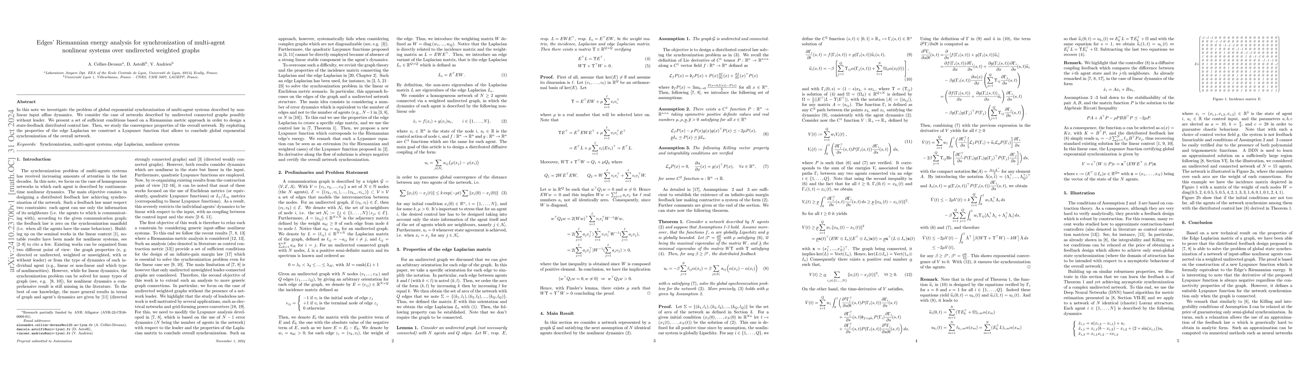 Thumbnail for Edges' Riemannian energy analysis for synchronization of multi-agent
  nonlinear systems over undirected weighted graphs