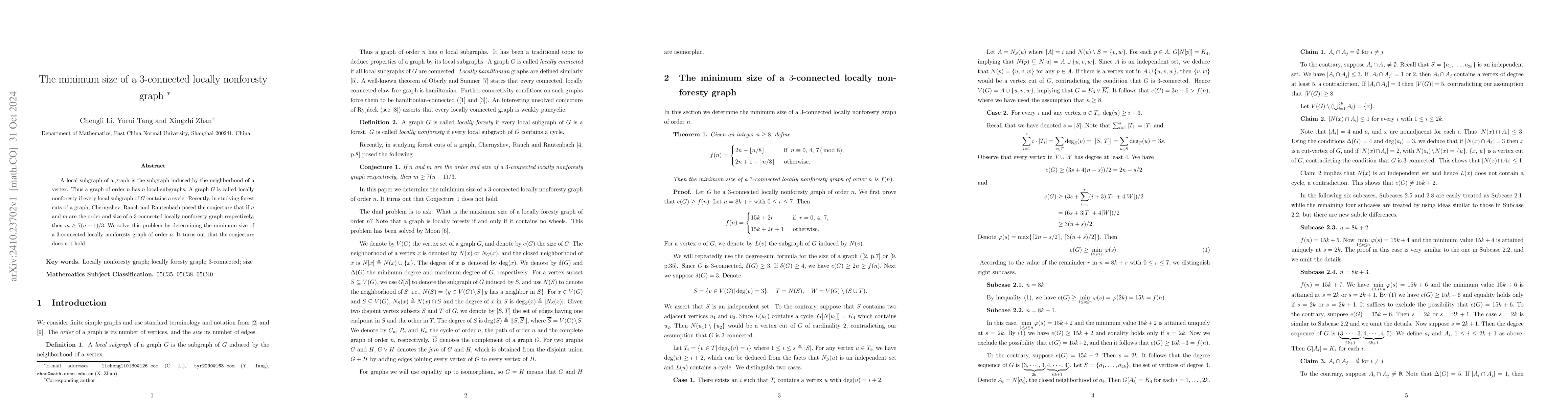 Thumbnail for The minimum size of a $3$-connected locally nonforesty graph