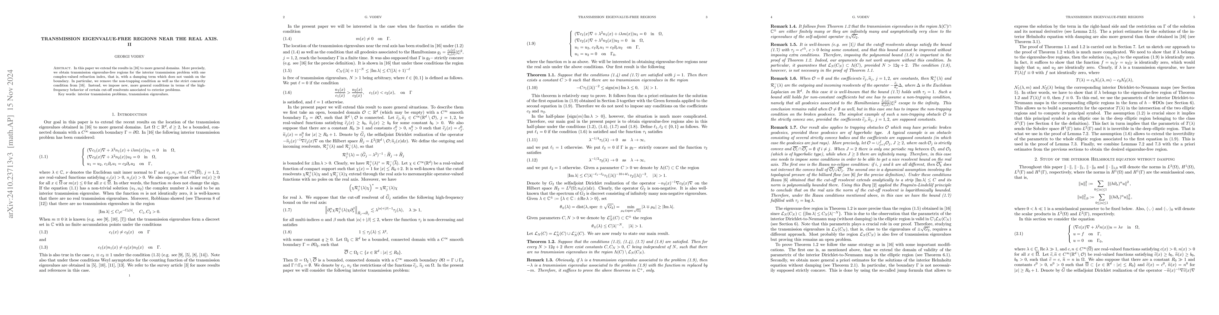 Thumbnail for Transmission eigenvalue-free regions near the real axis. II