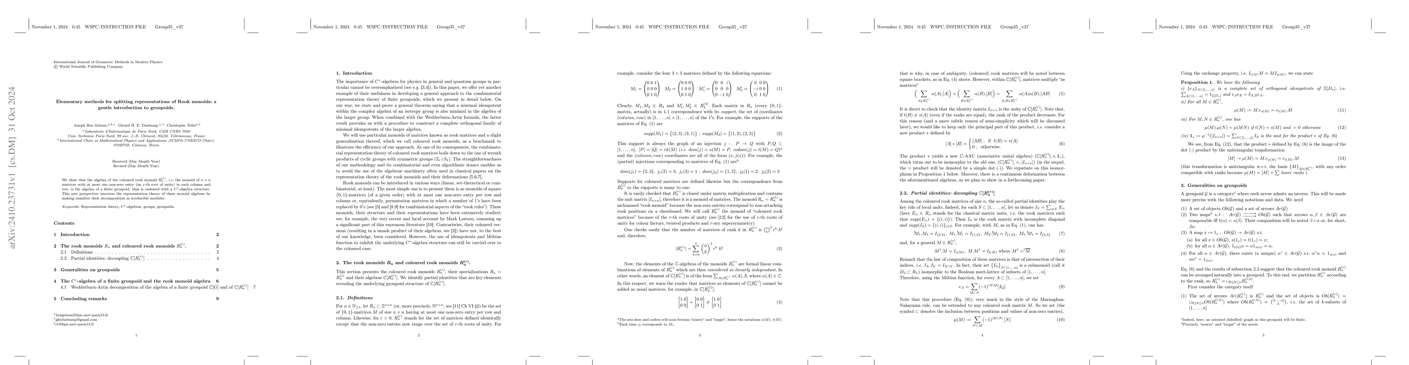 Thumbnail for Elementary methods for splitting representations of Rook monoids: a
  gentle introduction to groupoids