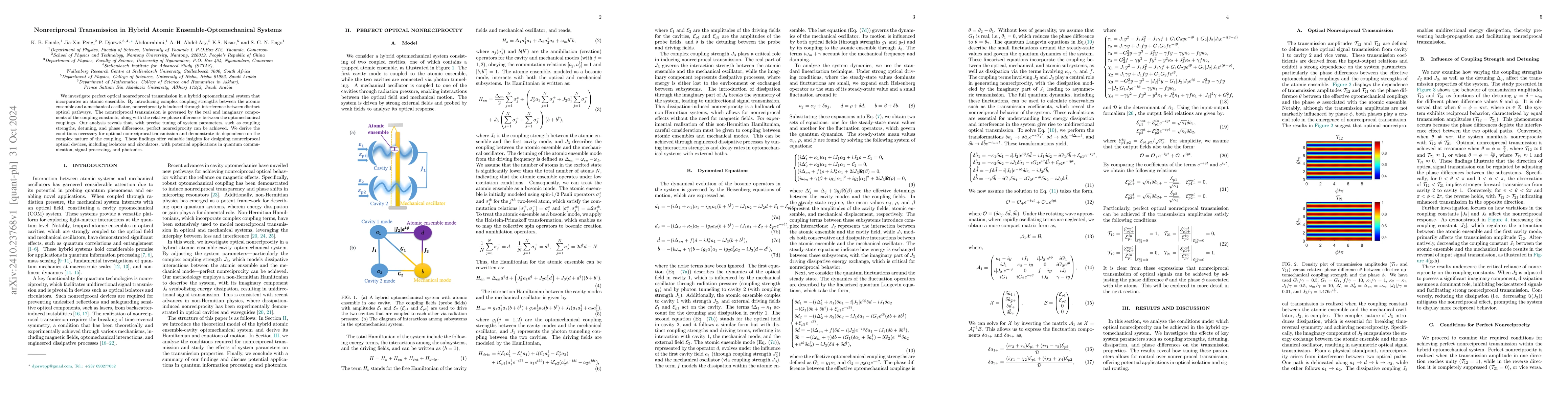 Thumbnail for Nonreciprocal Transmission in Hybrid Atomic Ensemble-Optomechanical
  Systems