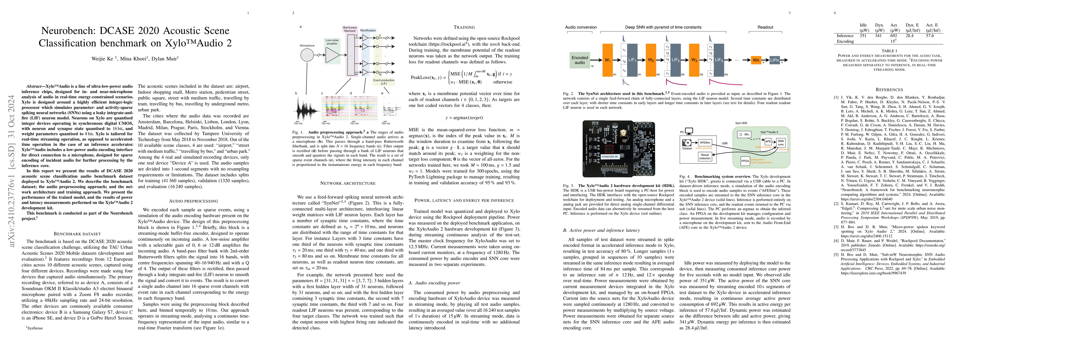 Thumbnail for Neurobench: DCASE 2020 Acoustic Scene Classification benchmark on
  XyloAudio 2