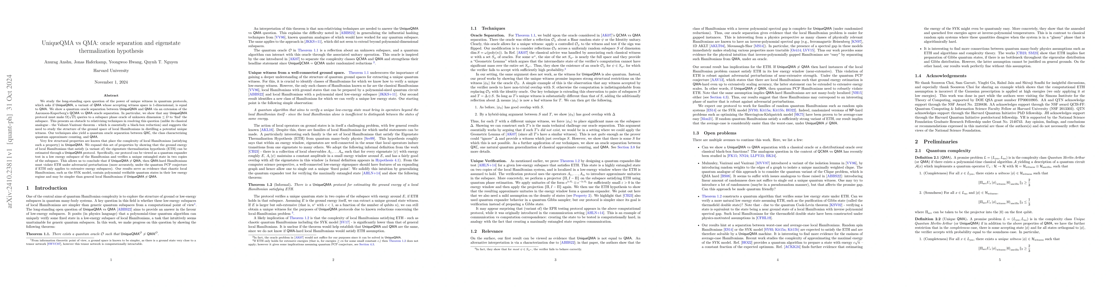 Thumbnail for UniqueQMA vs QMA: oracle separation and eigenstate thermalization
  hypothesis