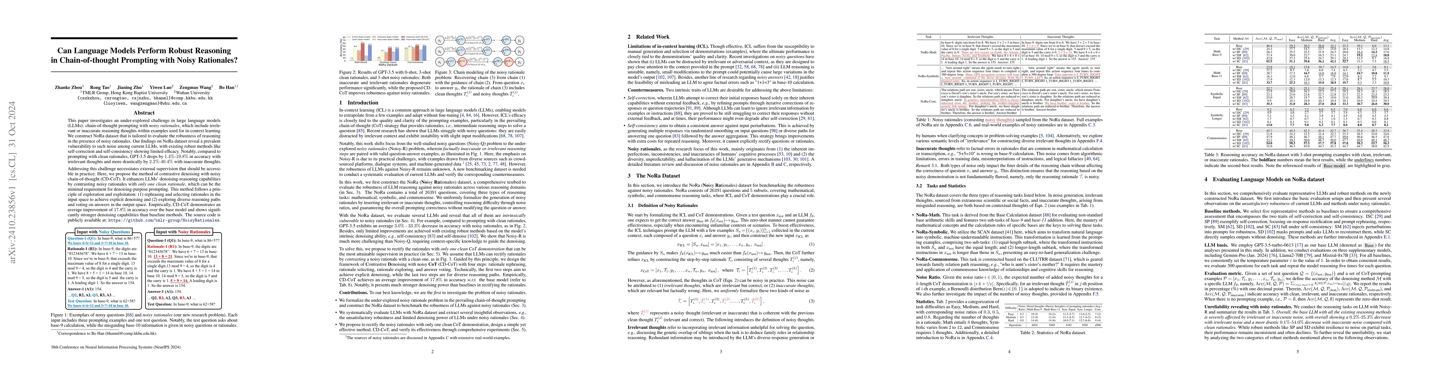 Thumbnail for Can Language Models Perform Robust Reasoning in Chain-of-thought
  Prompting with Noisy Rationales?