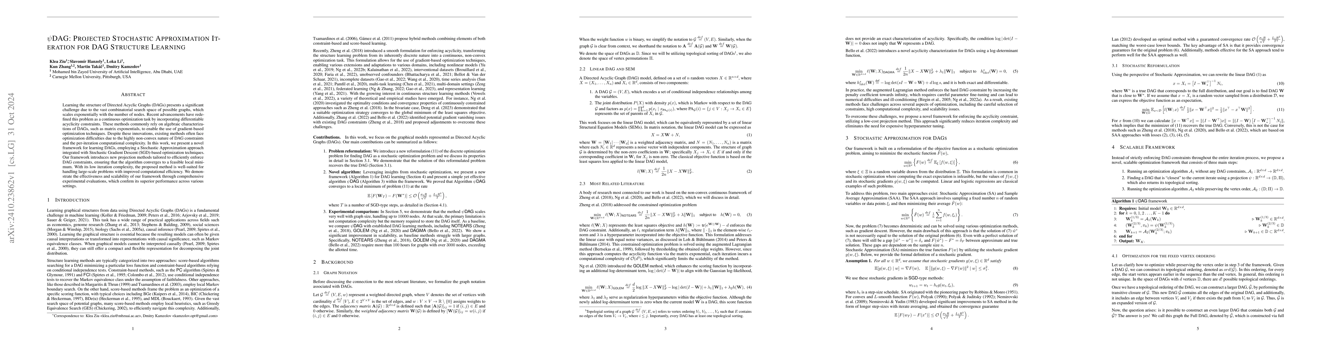 Thumbnail for $ψ$DAG: Projected Stochastic Approximation Iteration for DAG
  Structure Learning