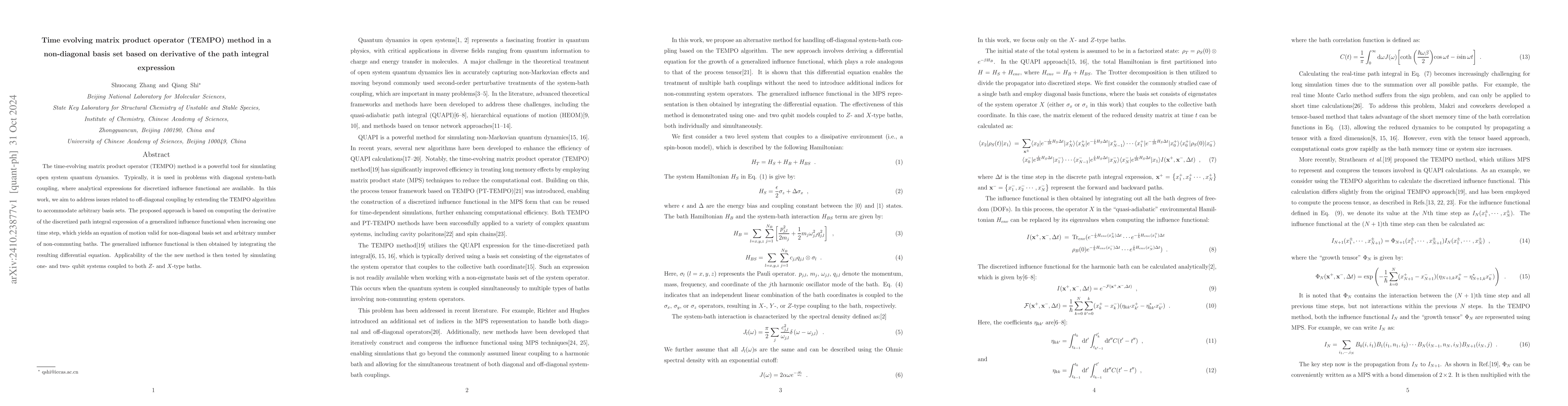 Thumbnail for Time evolving matrix product operator (TEMPO) method in a non-diagonal
  basis set based on derivative of the path integral expression