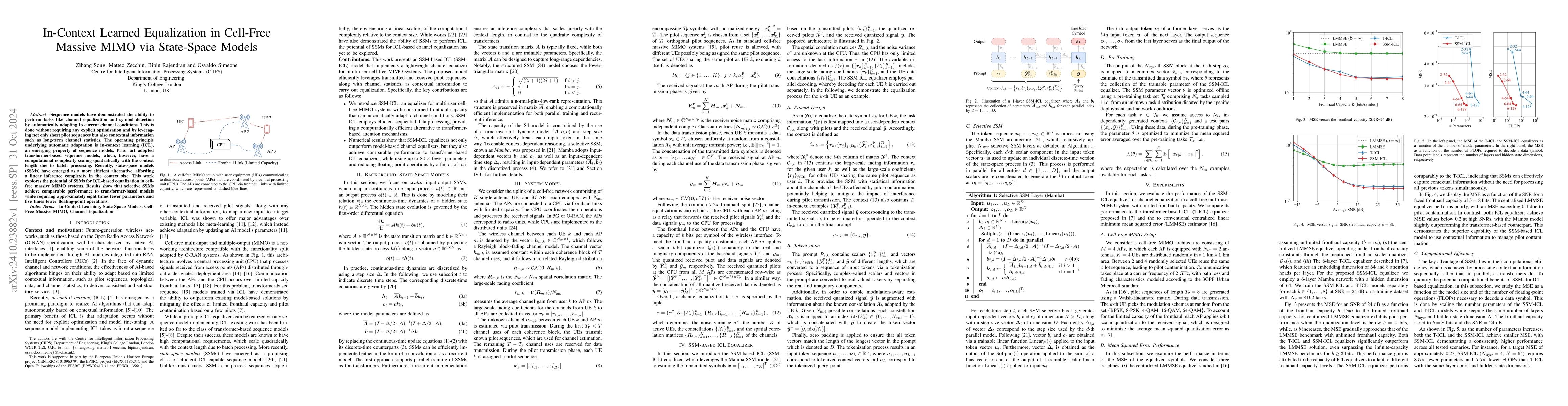 Thumbnail for In-Context Learned Equalization in Cell-Free Massive MIMO via
  State-Space Models