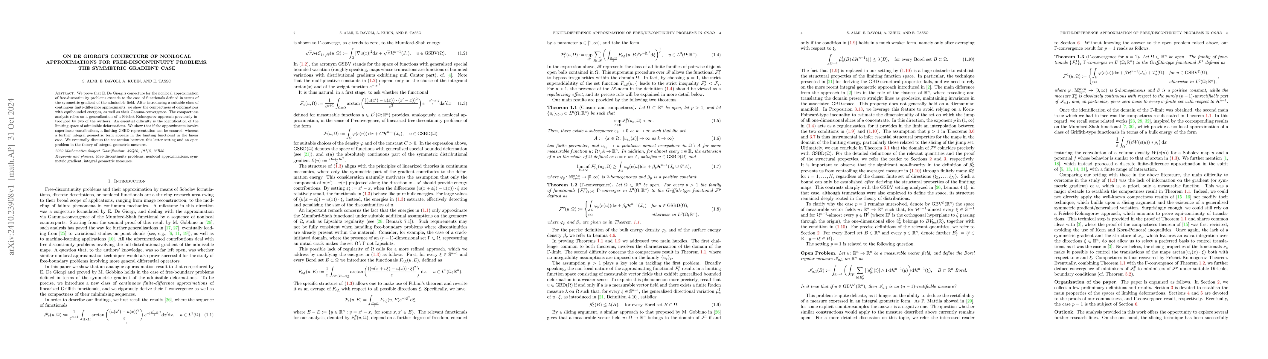 Thumbnail for On De Giorgi's Conjecture of Nonlocal approximations for
  free-discontinuity problems: The symmetric gradient case