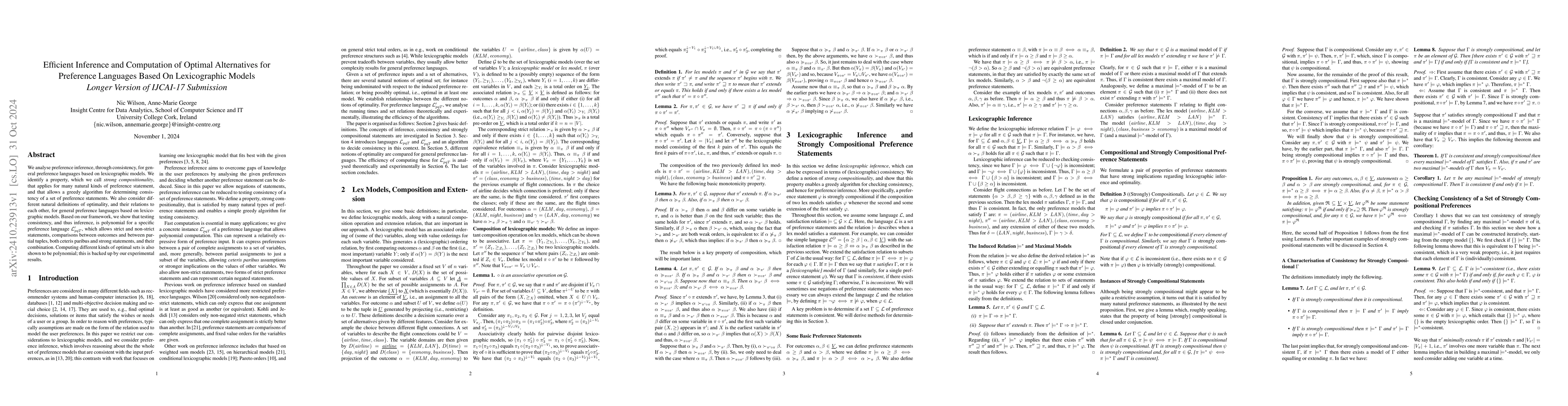 Thumbnail for Efficient Inference and Computation of Optimal Alternatives for
  Preference Languages Based On Lexicographic Models