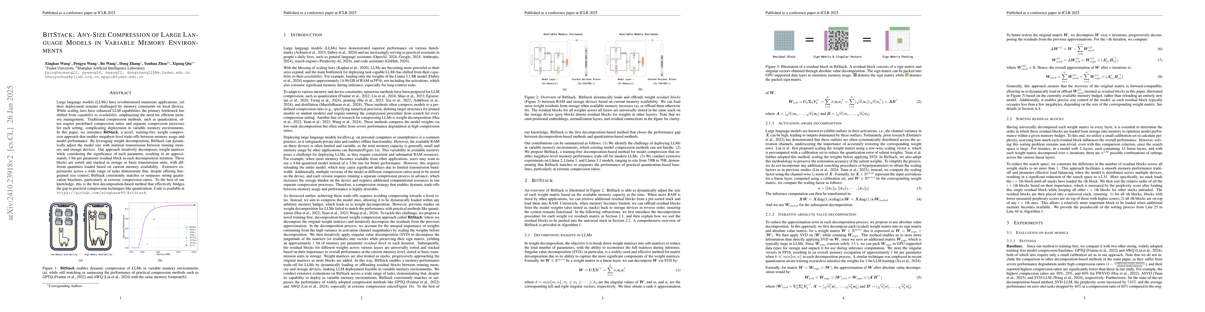 Thumbnail for BitStack: Fine-Grained Size Control for Compressed Large Language Models
  in Variable Memory Environments