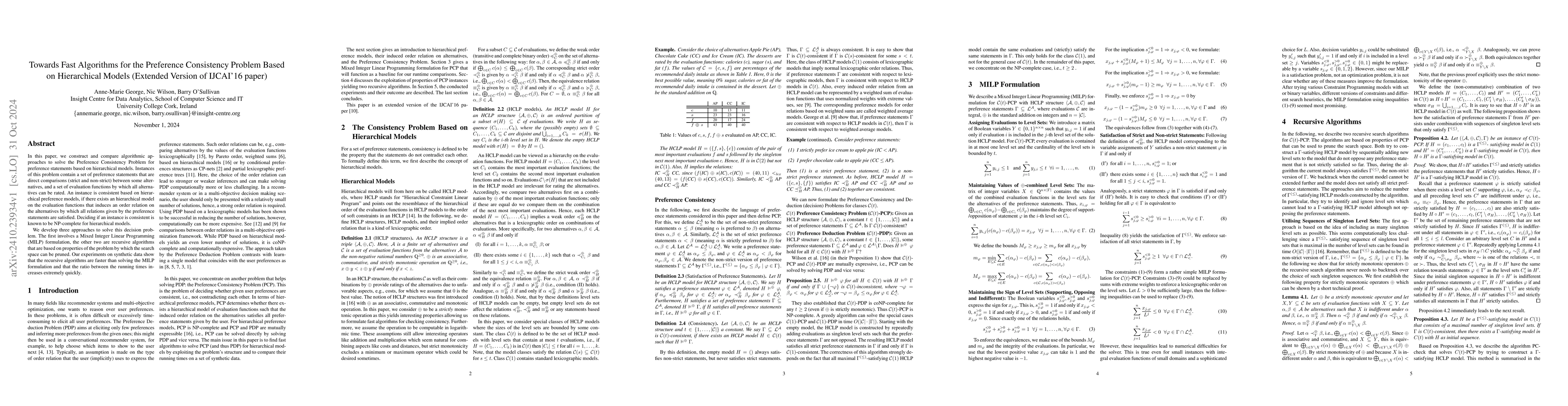 Thumbnail for Towards Fast Algorithms for the Preference Consistency Problem Based on
  Hierarchical Models