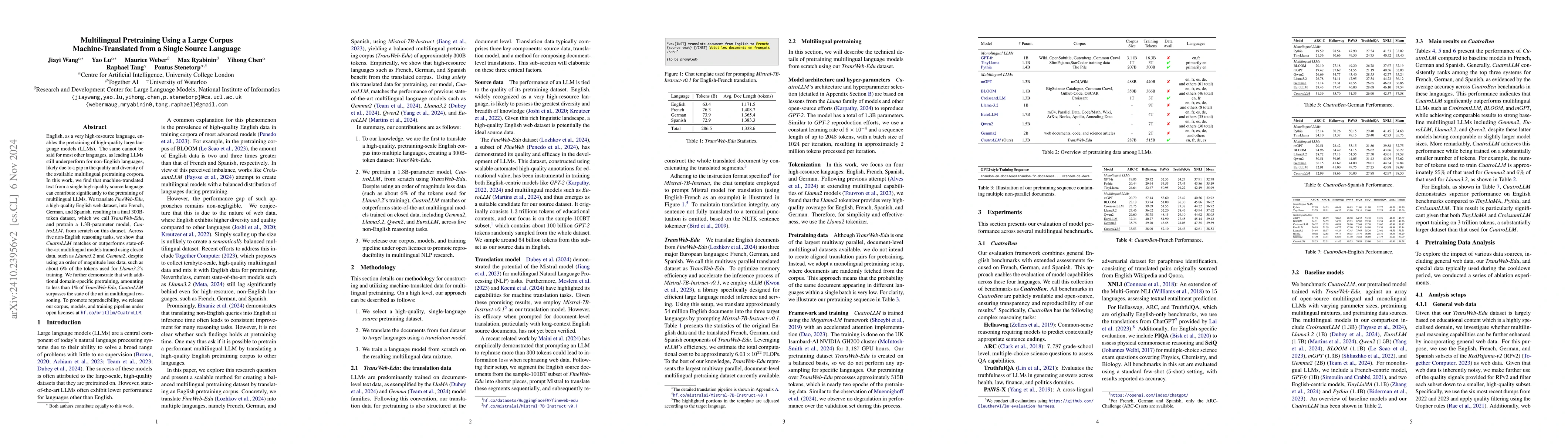Thumbnail for Multilingual Pretraining Using a Large Corpus Machine-Translated from a
  Single Source Language