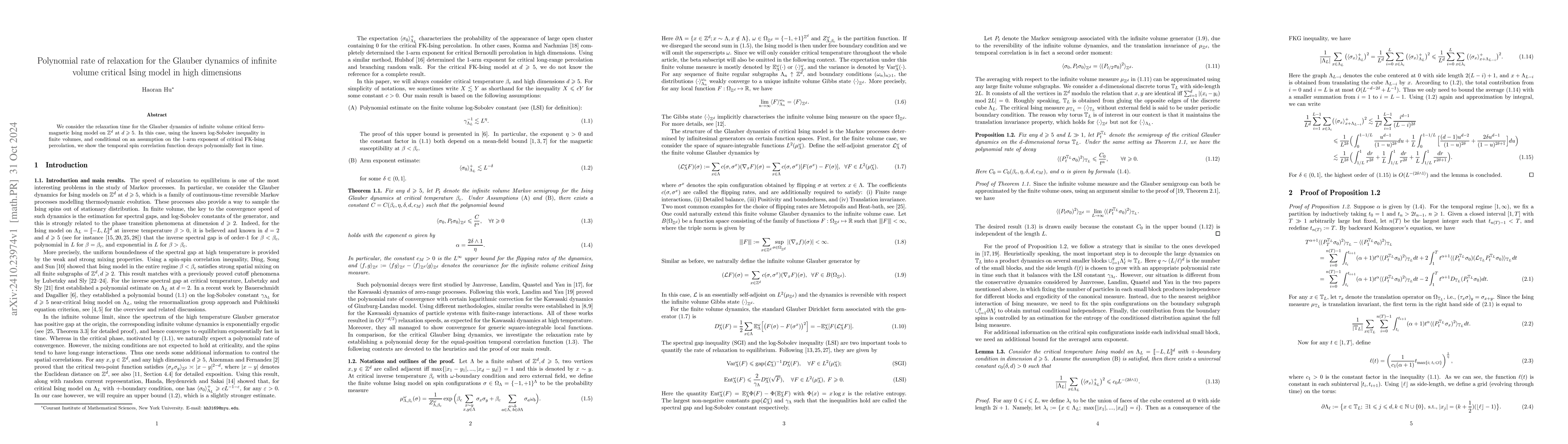 Thumbnail for Polynomial rate of relaxation for the Glauber dynamics of infinite
  volume critical Ising model in high dimensions