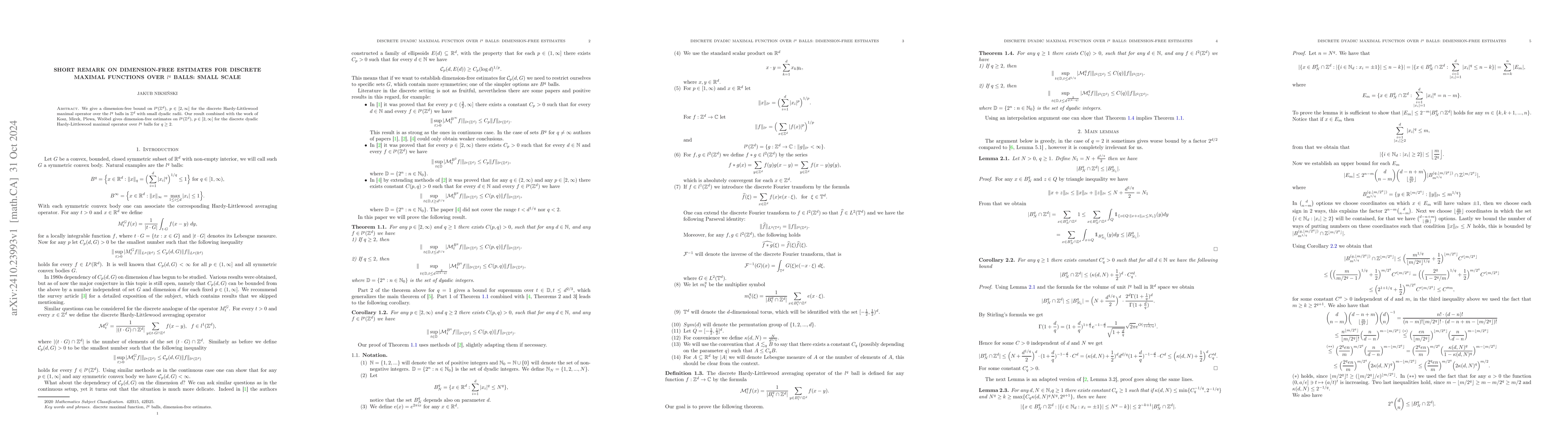 Thumbnail for Short remark on dimension-free estimates for discrete maximal functions
  over $l^q$ balls: small scale