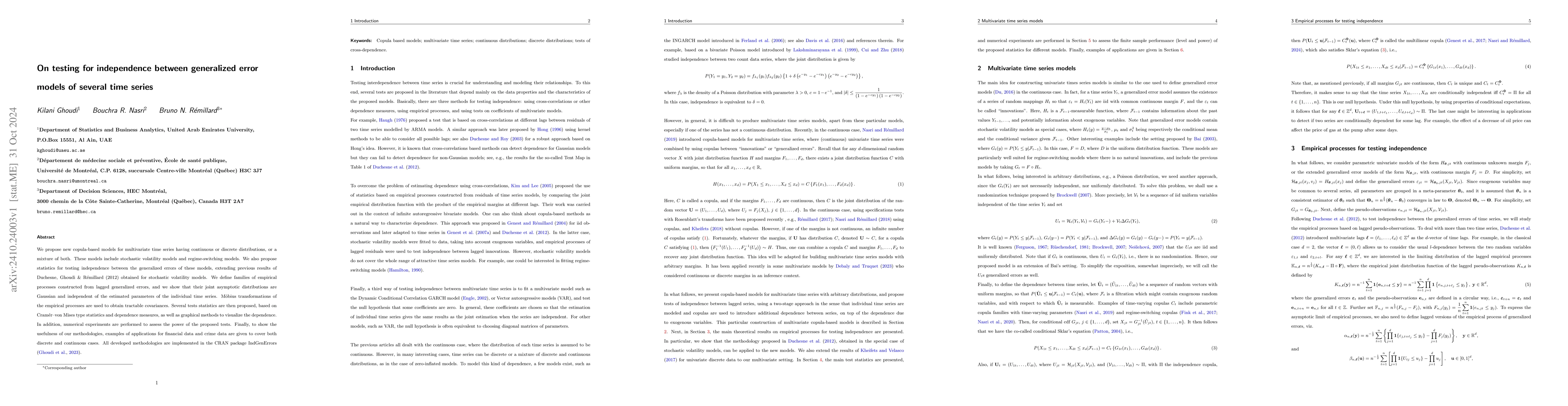 Thumbnail for On testing for independence between generalized error models of several
  time series