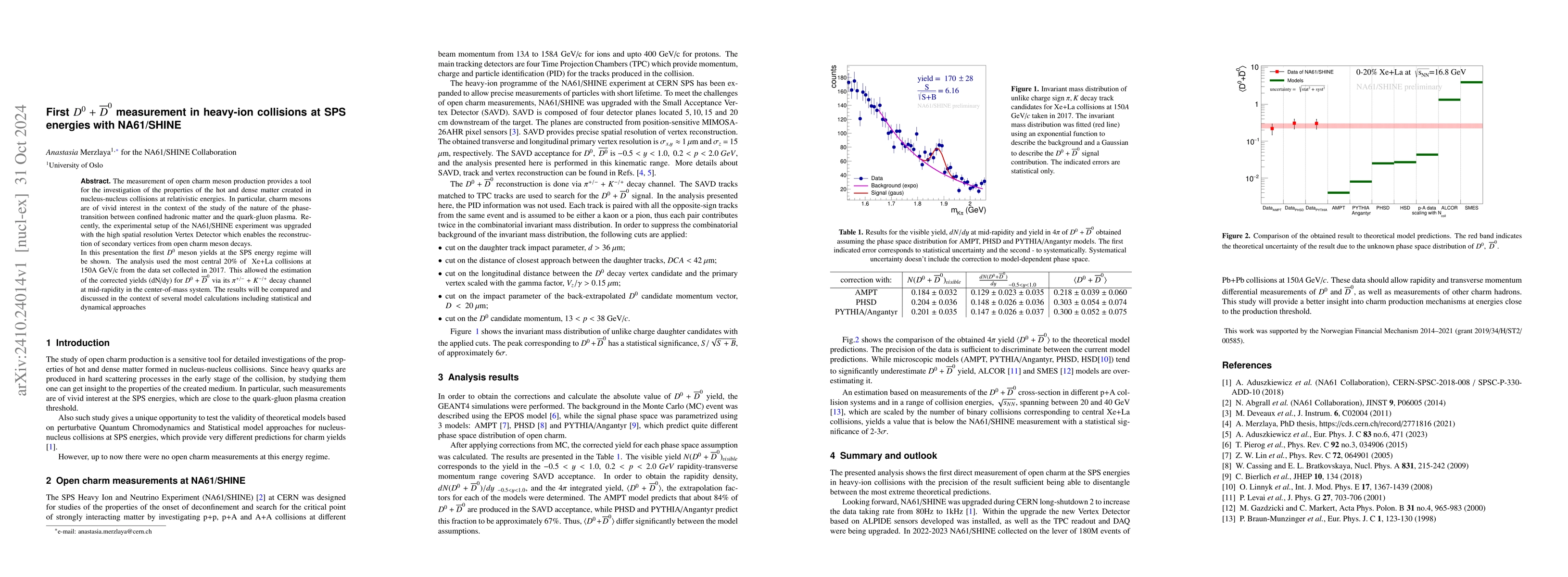 Thumbnail for First $D^0+\overline{D}^0$ measurement in heavy-ion collisions at SPS
  energies with NA61/SHINE