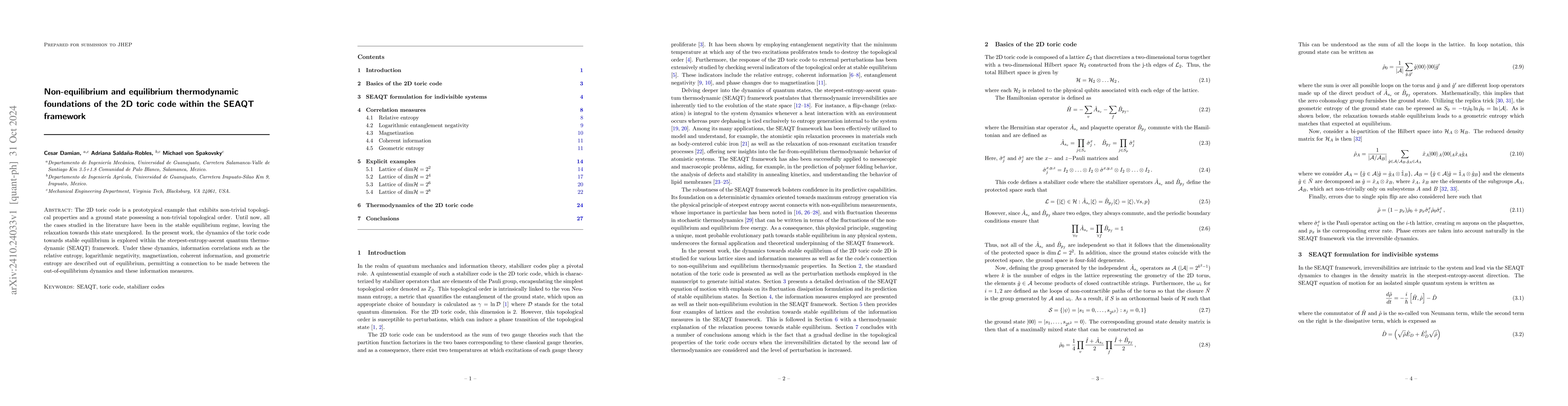 Thumbnail for Non-equilibrium and equilibrium thermodynamic foundations of the 2D
  toric code within the SEAQT framework