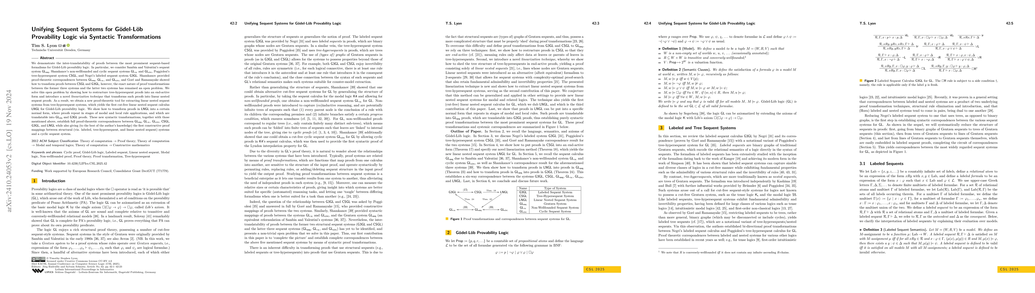 Thumbnail for Unifying Sequent Systems for Gödel-Löb Provability Logic via
  Syntactic Transformations