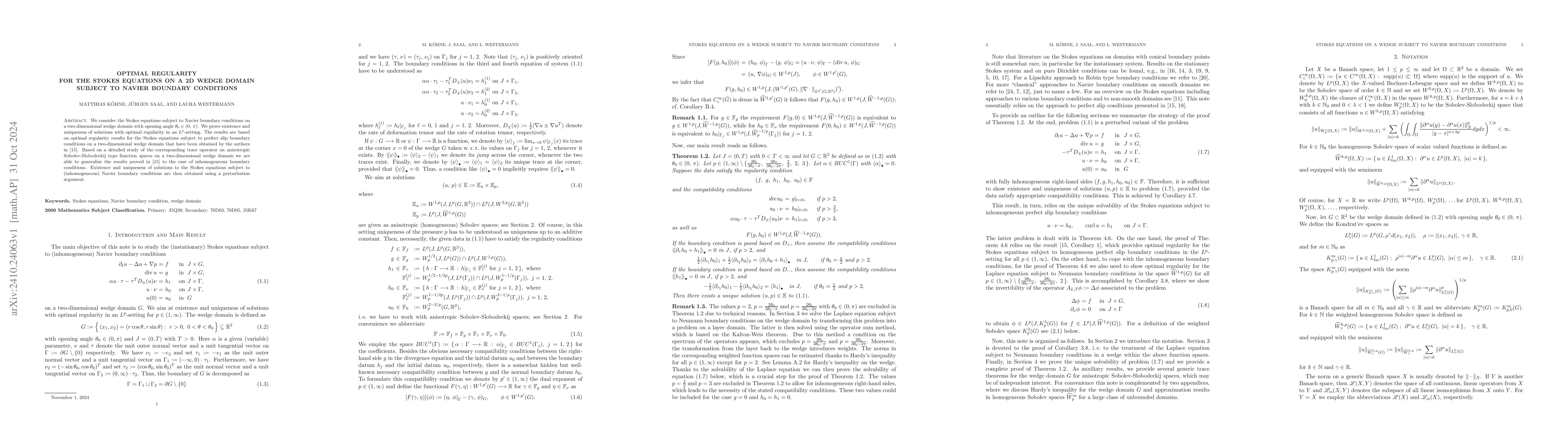 Thumbnail for Optimal Regularity for the Stokes Equations on a 2D Wedge Domain Subject
  to Navier Boundary Conditions