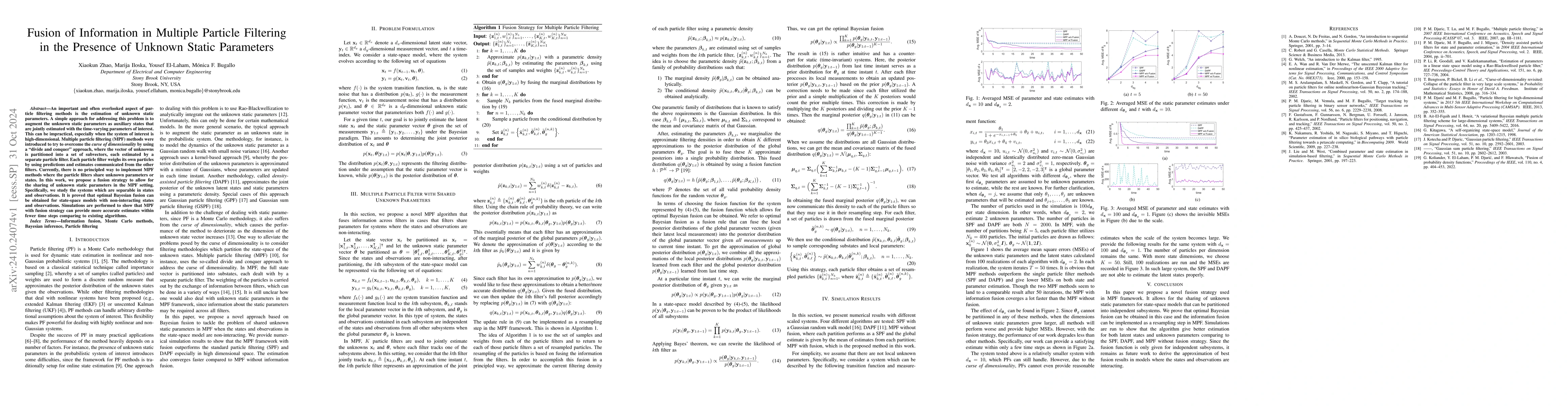 Thumbnail for Fusion of Information in Multiple Particle Filtering in the Presence of
  Unknown Static Parameters