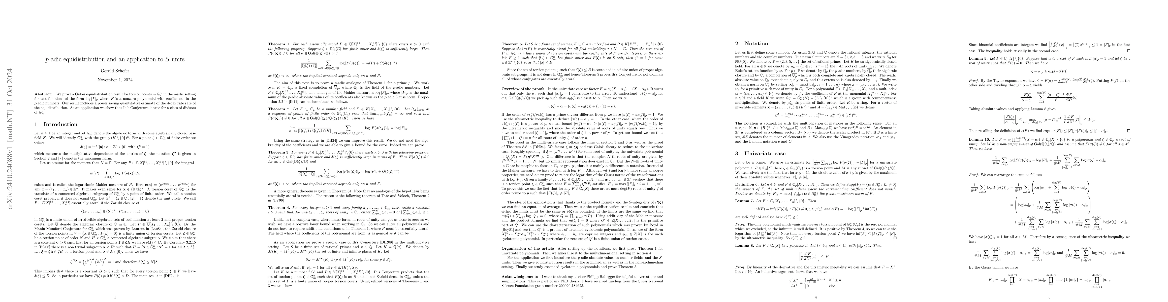 Thumbnail for $p$-adic equidistribution and an application to $S$-units