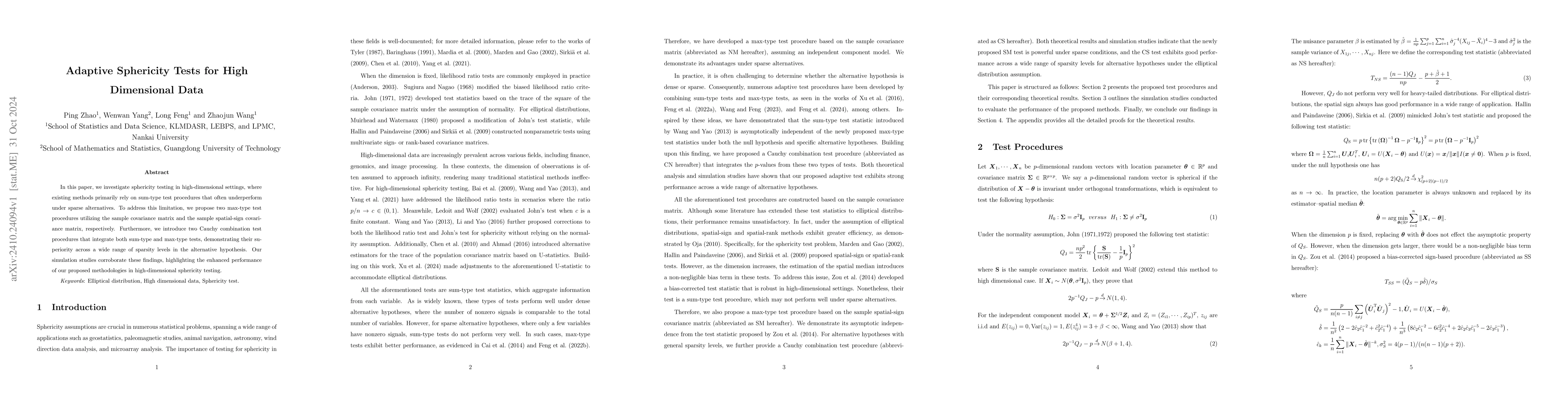 Thumbnail for Adaptive Sphericity Tests for High Dimensional Data