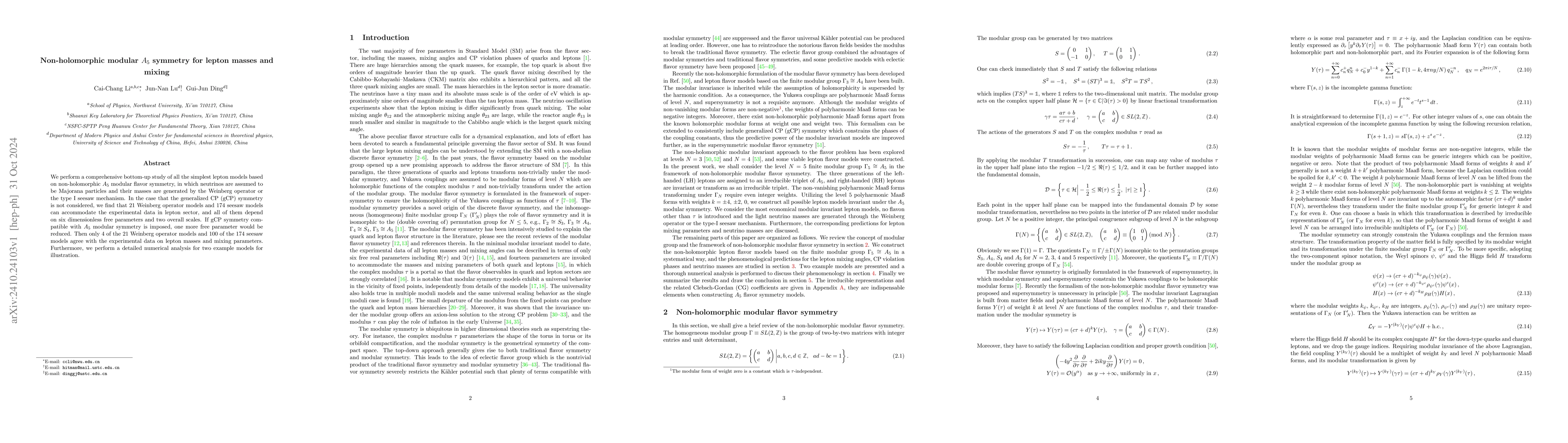 Thumbnail for Non-holomorphic modular $A_{5}$ symmetry for lepton masses and mixing