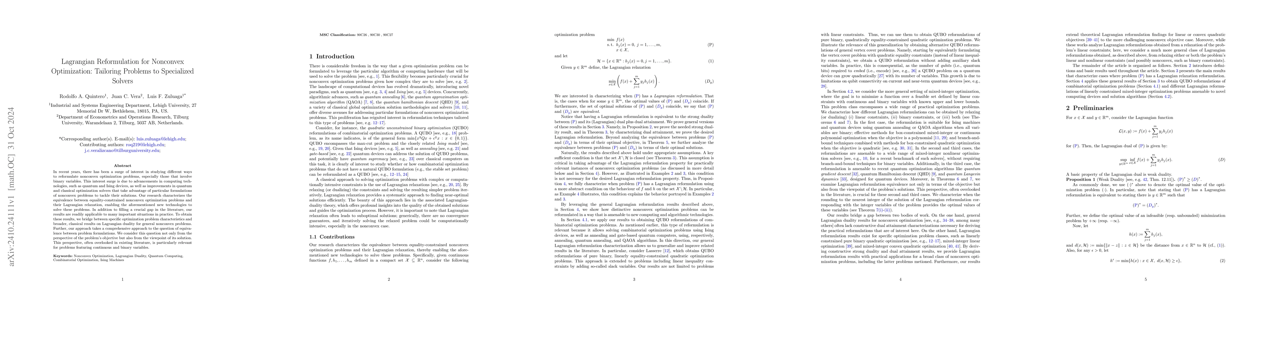 Thumbnail for Lagrangian Reformulation for Nonconvex Optimization: Tailoring Problems
  to Specialized Solvers