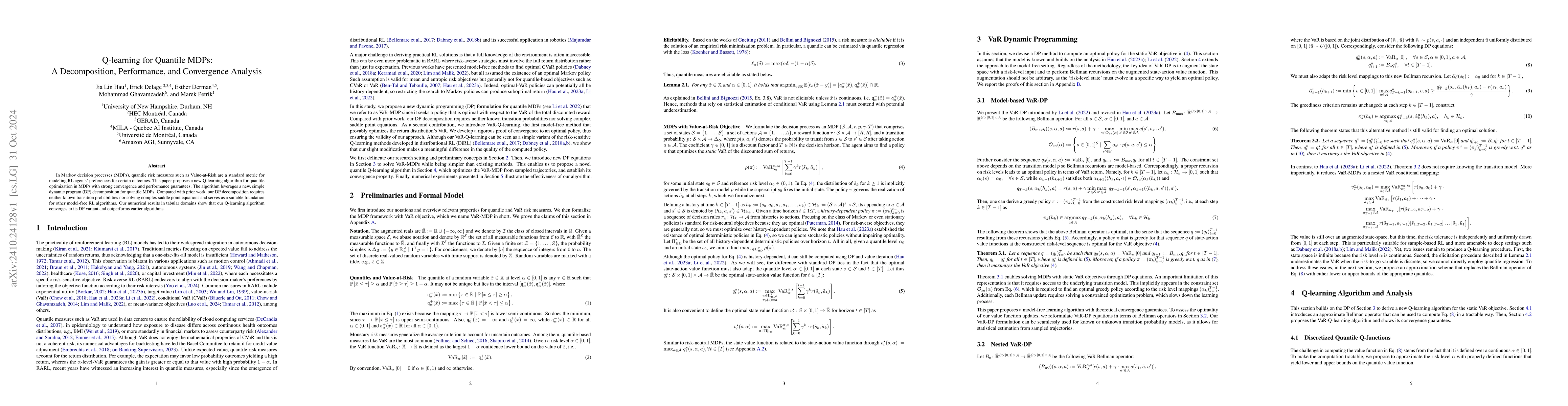 Thumbnail for Q-learning for Quantile MDPs: A Decomposition, Performance, and
  Convergence Analysis