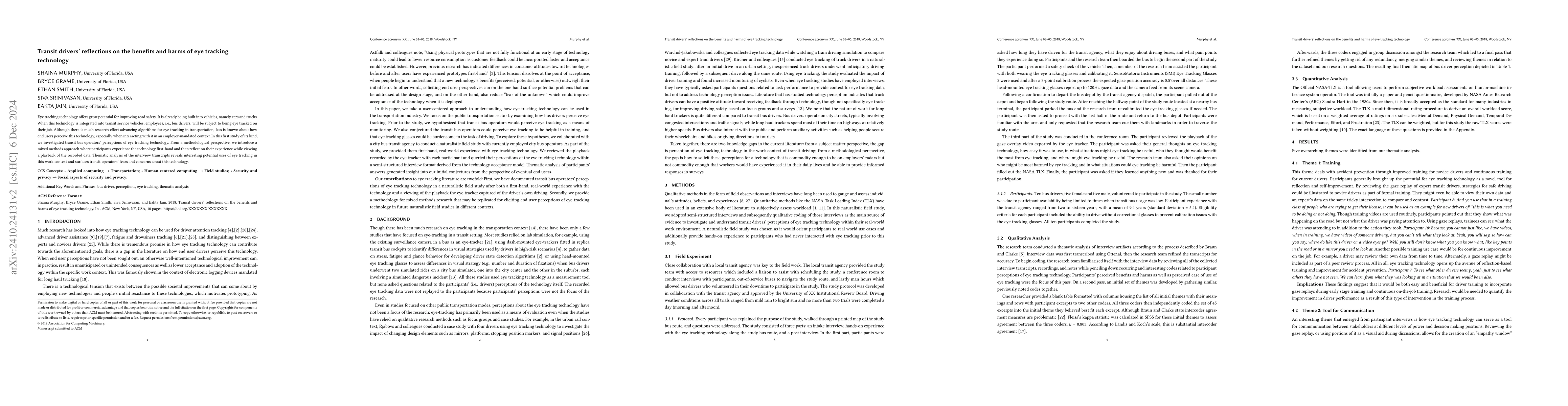 Thumbnail for Transit drivers' reflections on the benefits and harms of eye tracking
  technology