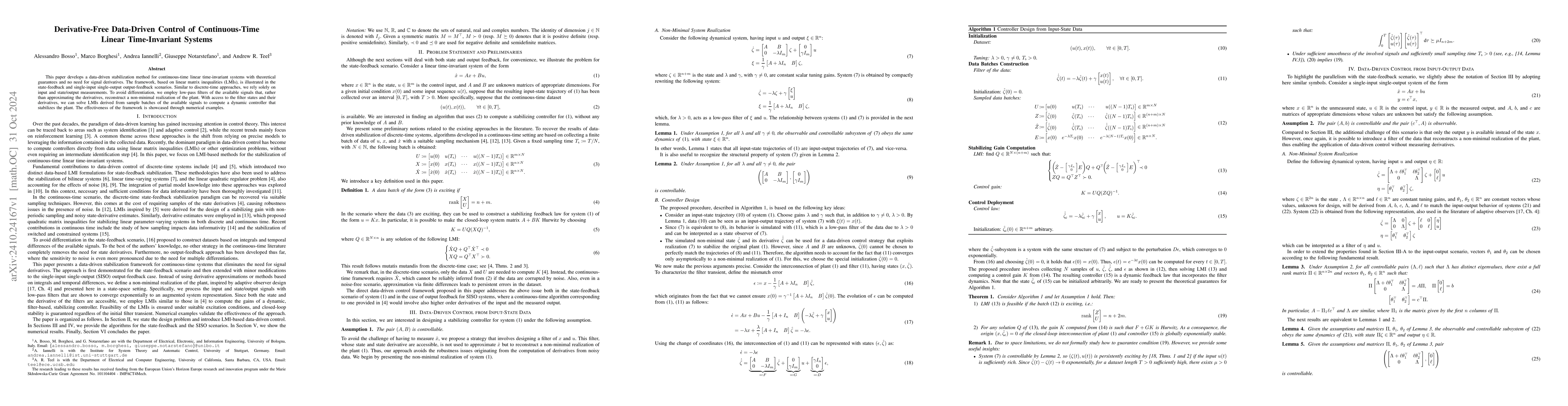 Thumbnail for Derivative-Free Data-Driven Control of Continuous-Time Linear
  Time-Invariant Systems