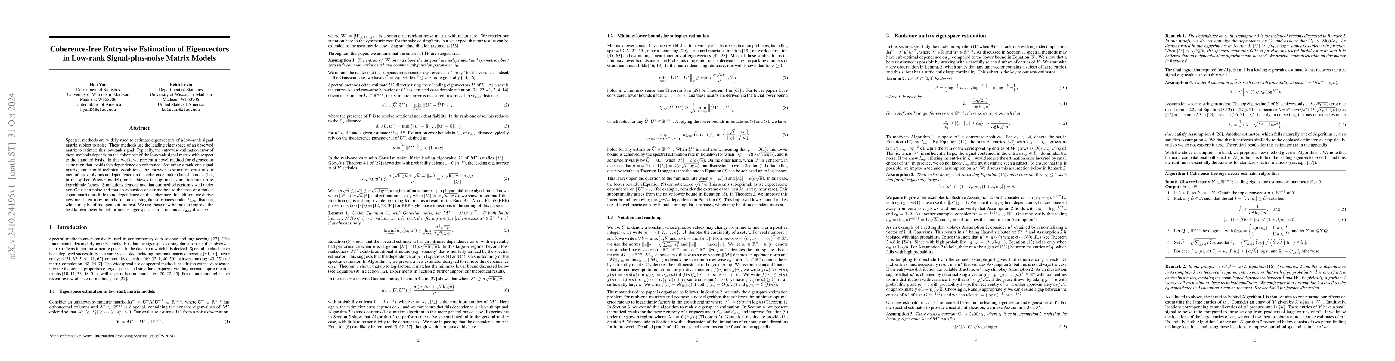 Thumbnail for Coherence-free Entrywise Estimation of Eigenvectors in Low-rank
  Signal-plus-noise Matrix Models