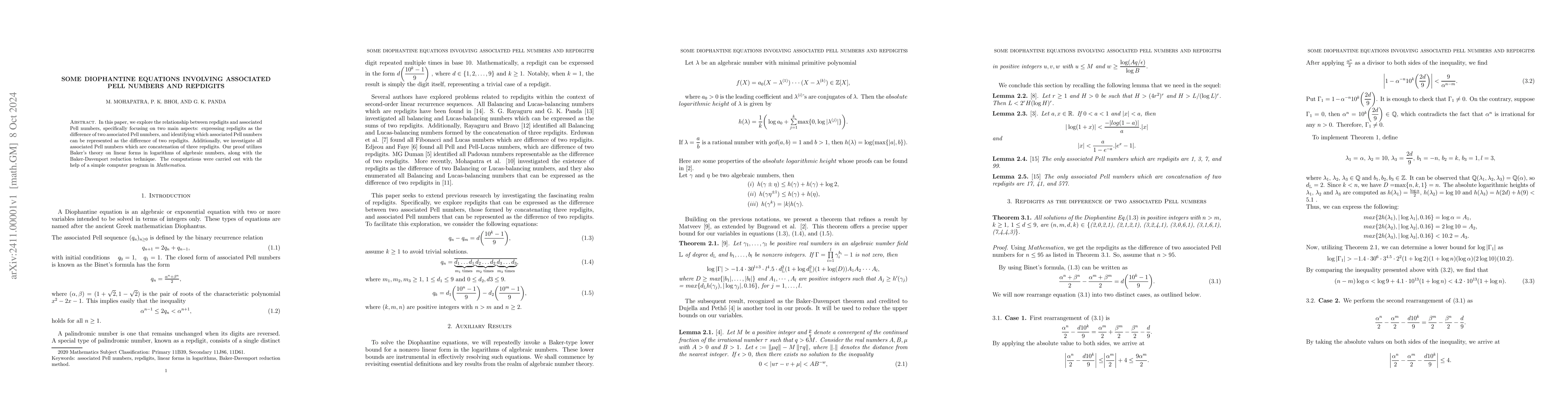 Thumbnail for Some Diophantine Equations involving associated Pell numbers and
  repdigits