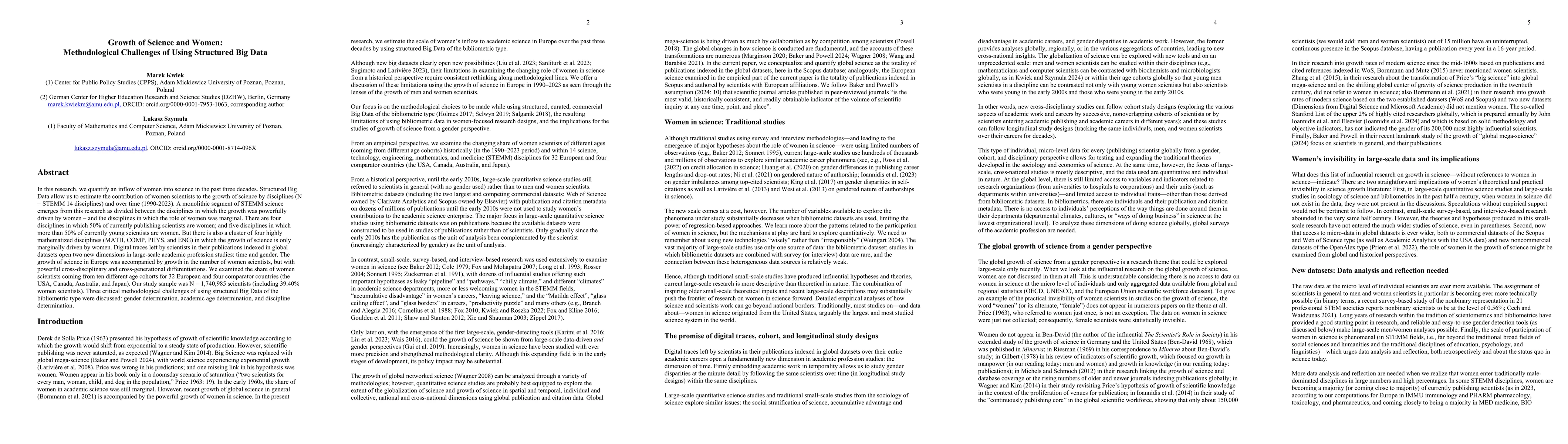 Thumbnail for Growth of Science and Women: Methodological Challenges of Using
  Structured Big Data