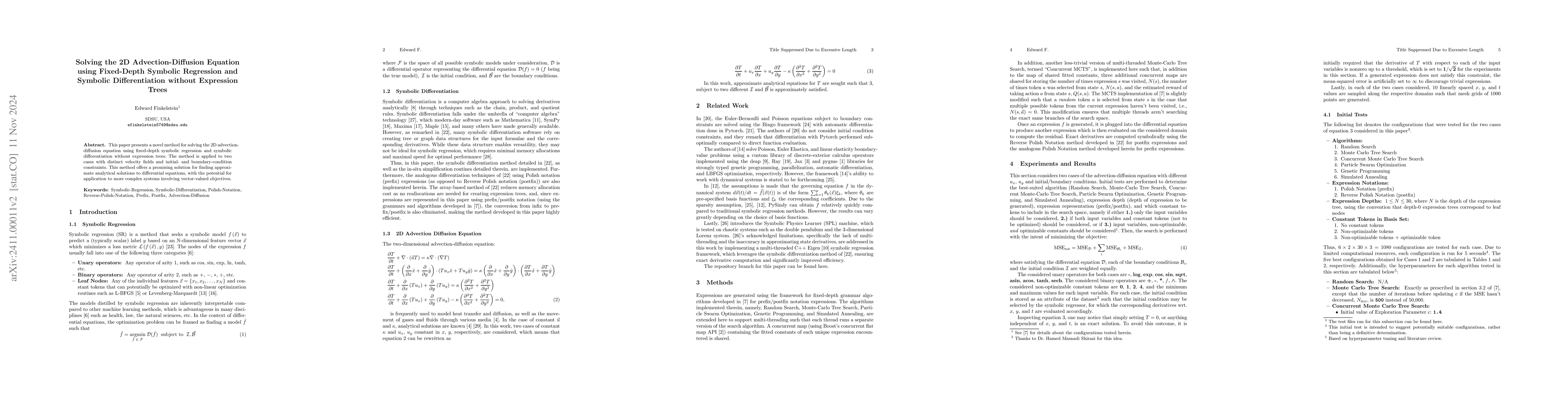 Thumbnail for Solving the 2D Advection-Diffusion Equation using Fixed-Depth Symbolic
  Regression and Symbolic Differentiation without Expression Trees