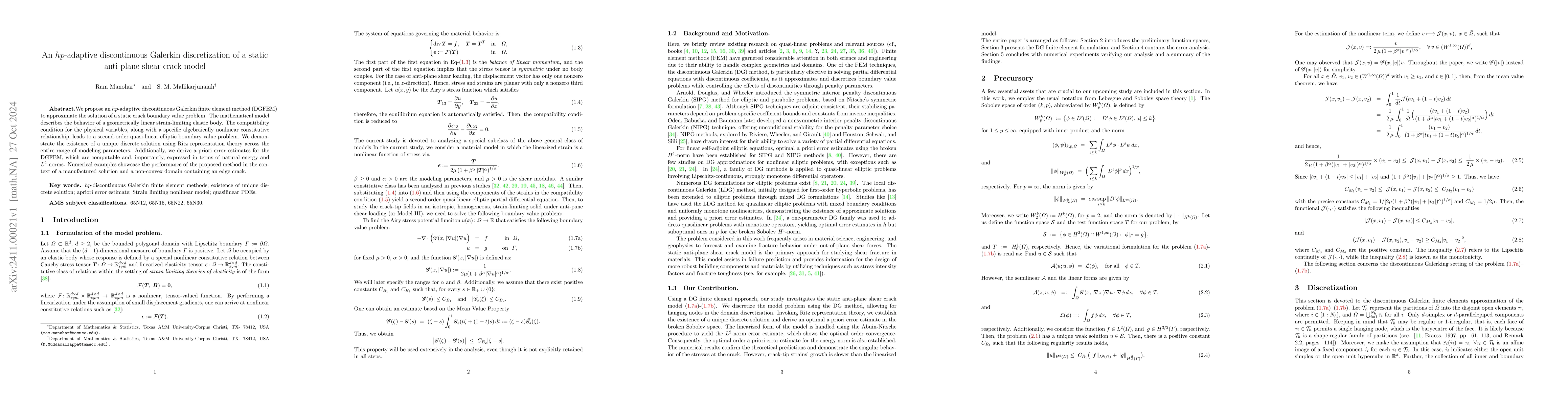 Thumbnail for An $hp$-adaptive discontinuous Galerkin discretization of a static
  anti-plane shear crack model