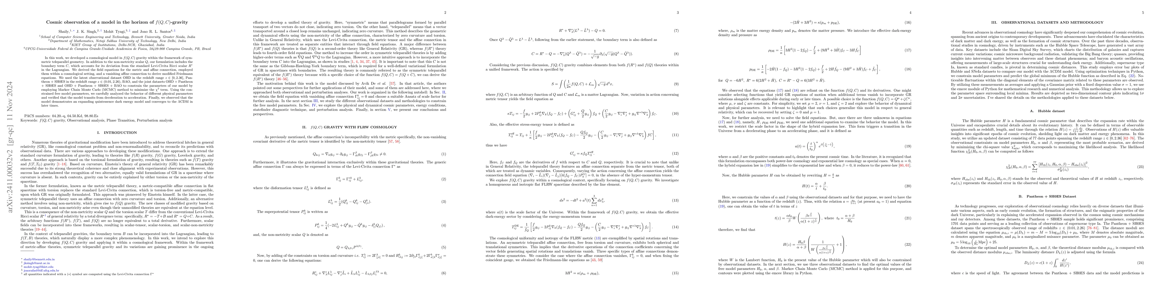 Thumbnail for Cosmic observation of a model in the horizon of $ f(Q, C) $-gravity