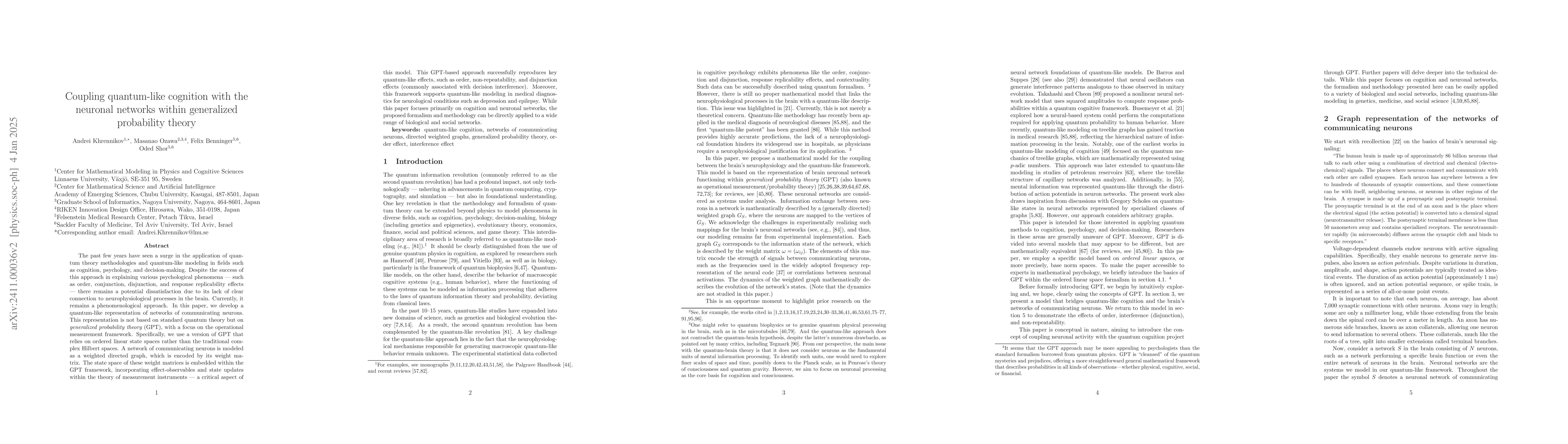 Thumbnail for Coupling quantum-like cognition with the neuronal networks within
  generalized probability theory