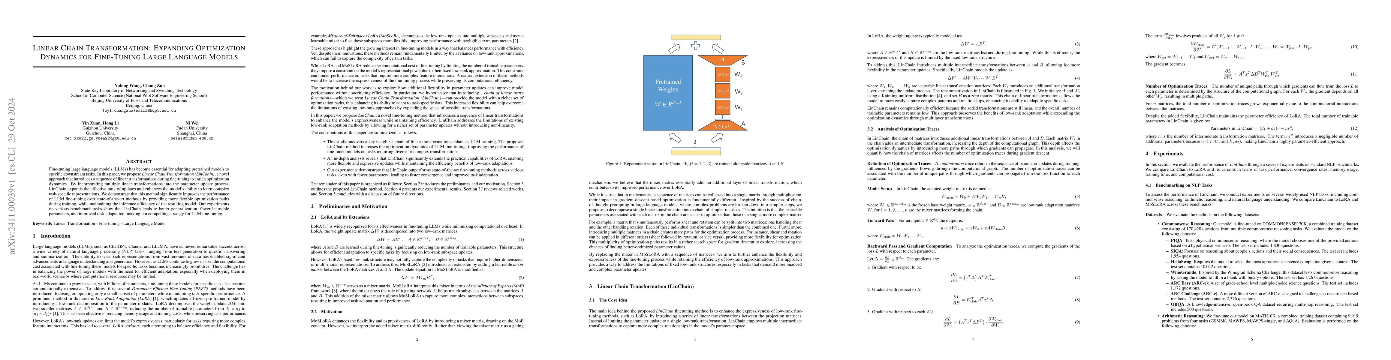 Thumbnail for Linear Chain Transformation: Expanding Optimization Dynamics for
  Fine-Tuning Large Language Models