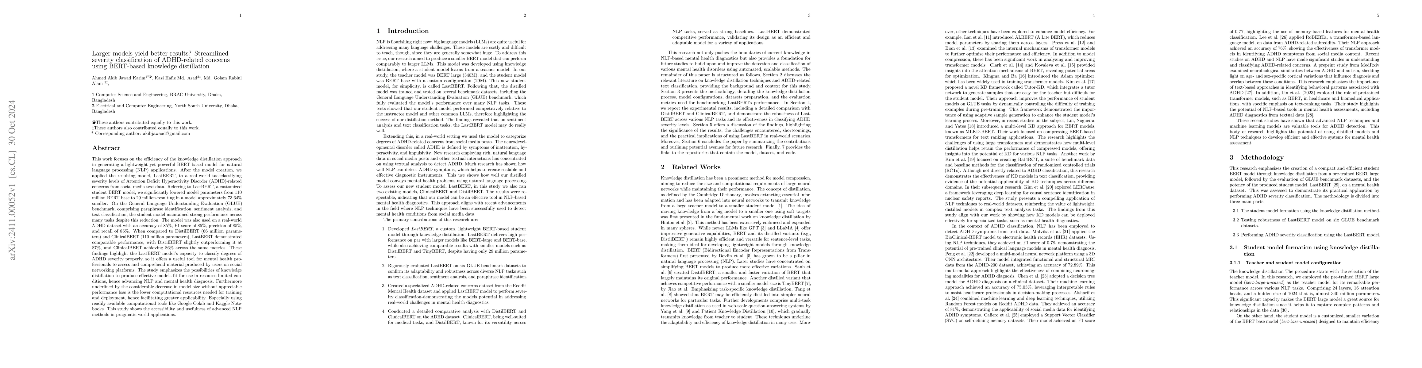 Thumbnail for Larger models yield better results? Streamlined severity classification
  of ADHD-related concerns using BERT-based knowledge distillation