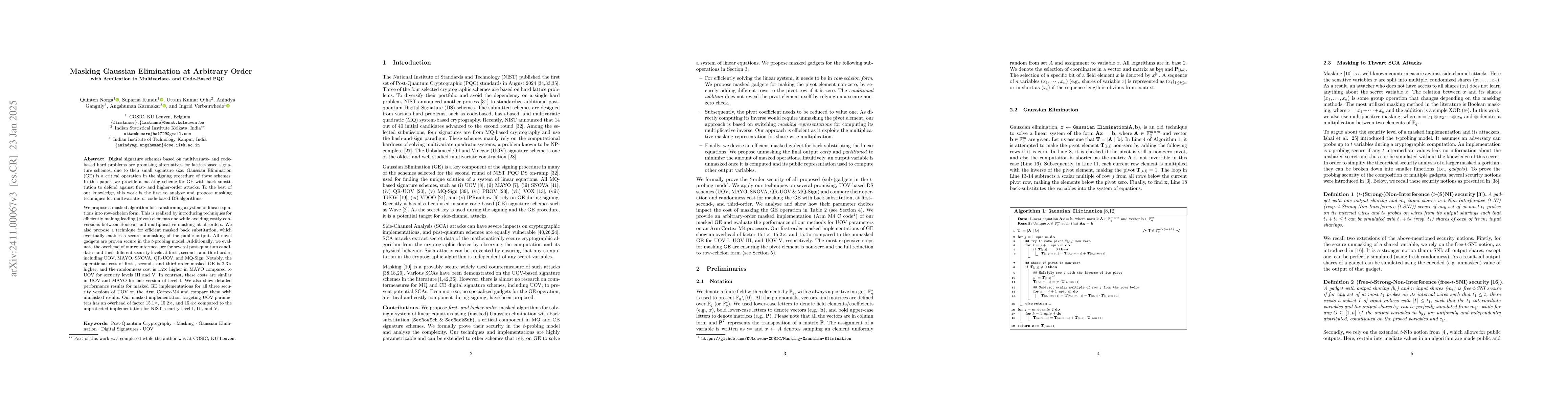 Thumbnail for Masking Gaussian Elimination at Arbitrary Order, with Application to
  Multivariate- and Code-Based PQC
