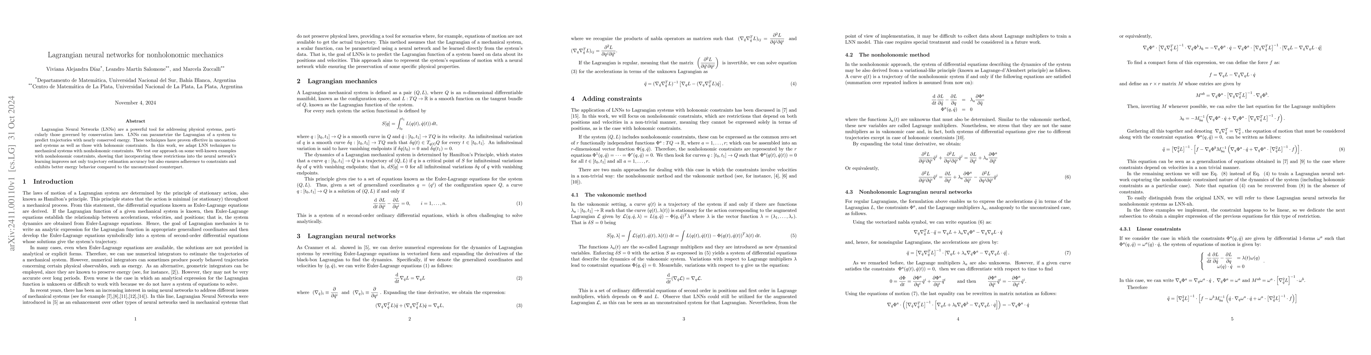 Thumbnail for Lagrangian neural networks for nonholonomic mechanics