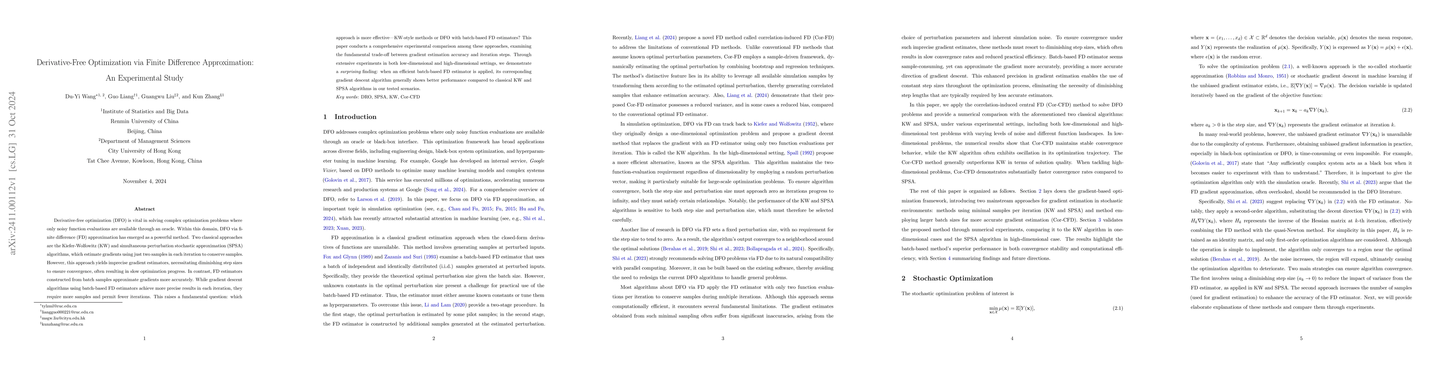 Thumbnail for Derivative-Free Optimization via Finite Difference Approximation: An
  Experimental Study
