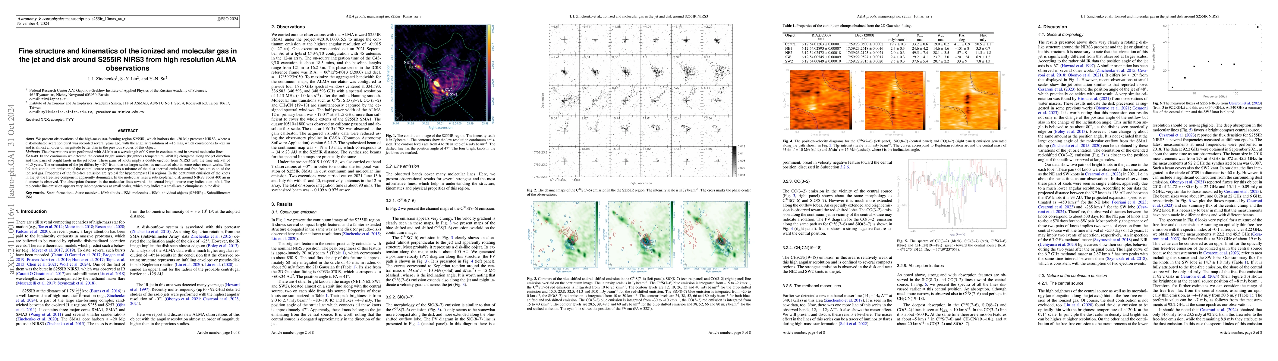 Thumbnail for Fine structure and kinematics of the ionized and molecular gas in the
  jet and disk around S255IR NIRS3 from high resolution ALMA observations