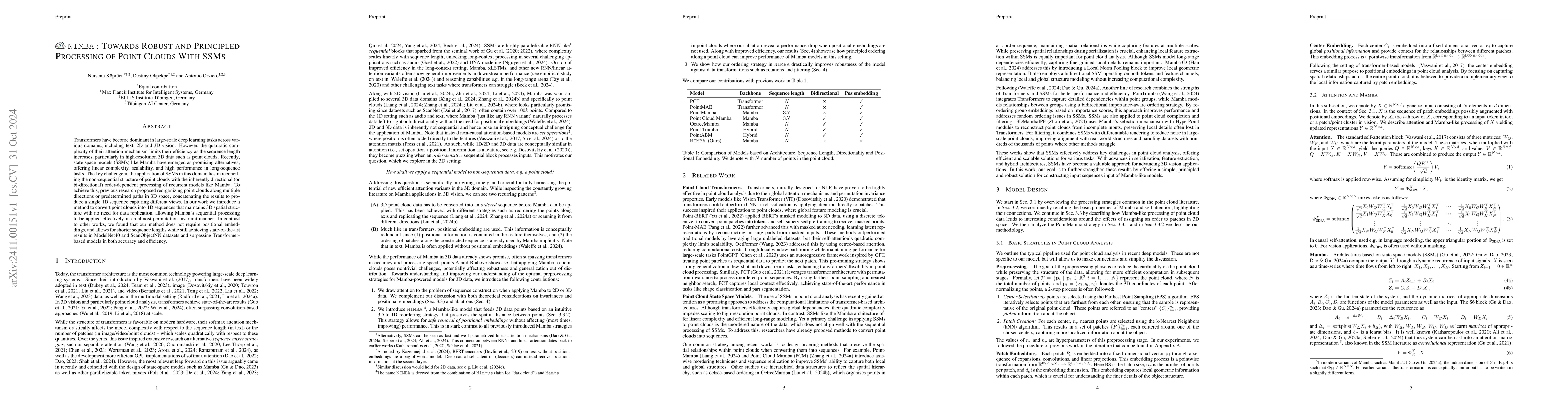 Thumbnail for NIMBA: Towards Robust and Principled Processing of Point Clouds With
  SSMs
